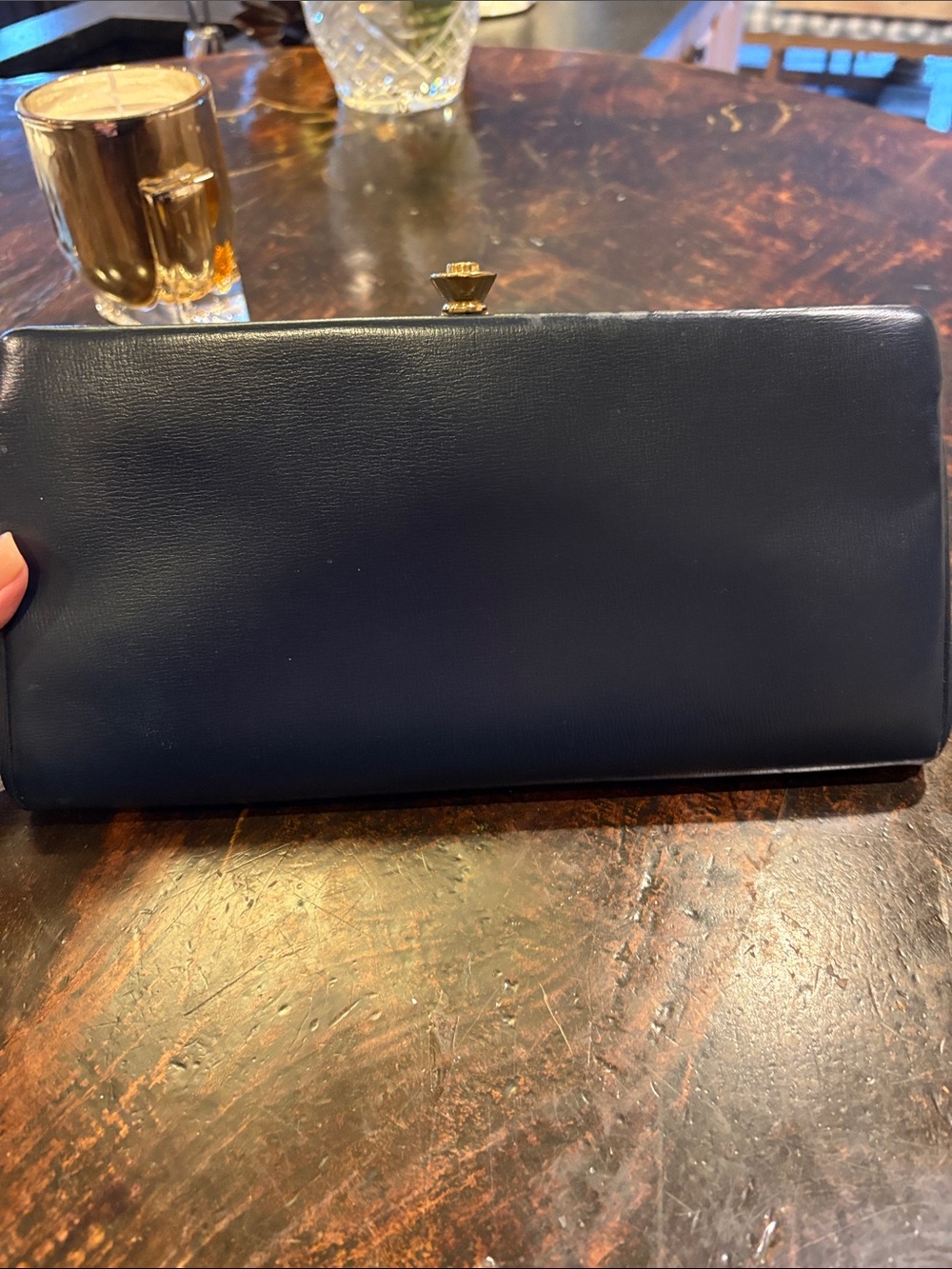 Classic Navy Leather Clutch with Gold Accent